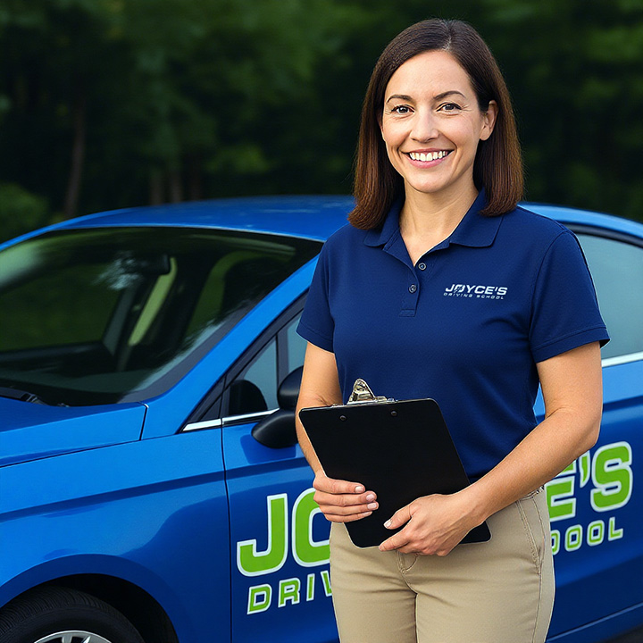 image of a woman, a third party road tester in utah holding a clipboard and standing in front of a car